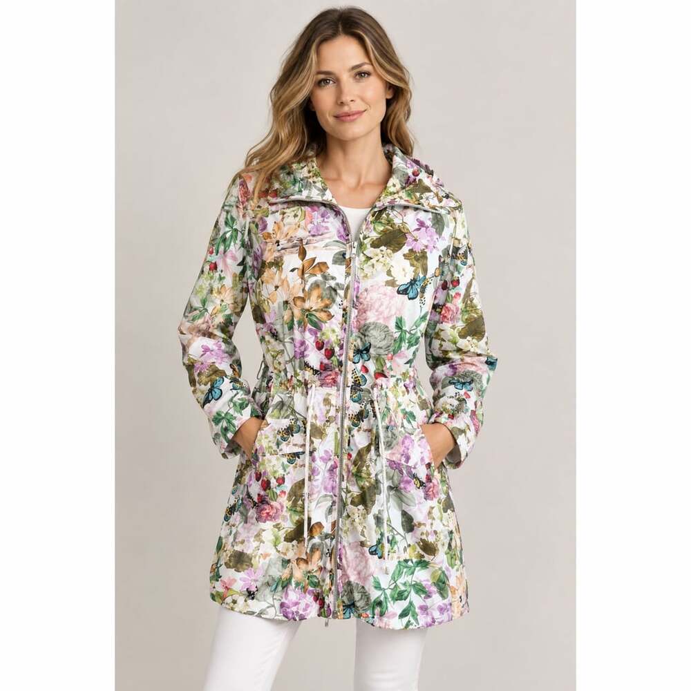 Eliza J Raincoat Size M Floral Butterfly Print Waterproof Parka Jacket M